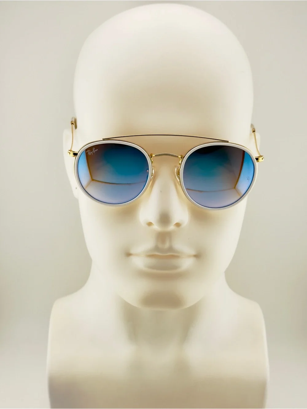 Ray-Ban Round Double Bridge Sunglasses RB3647N Gold Frame with Blue Mirror Lens
